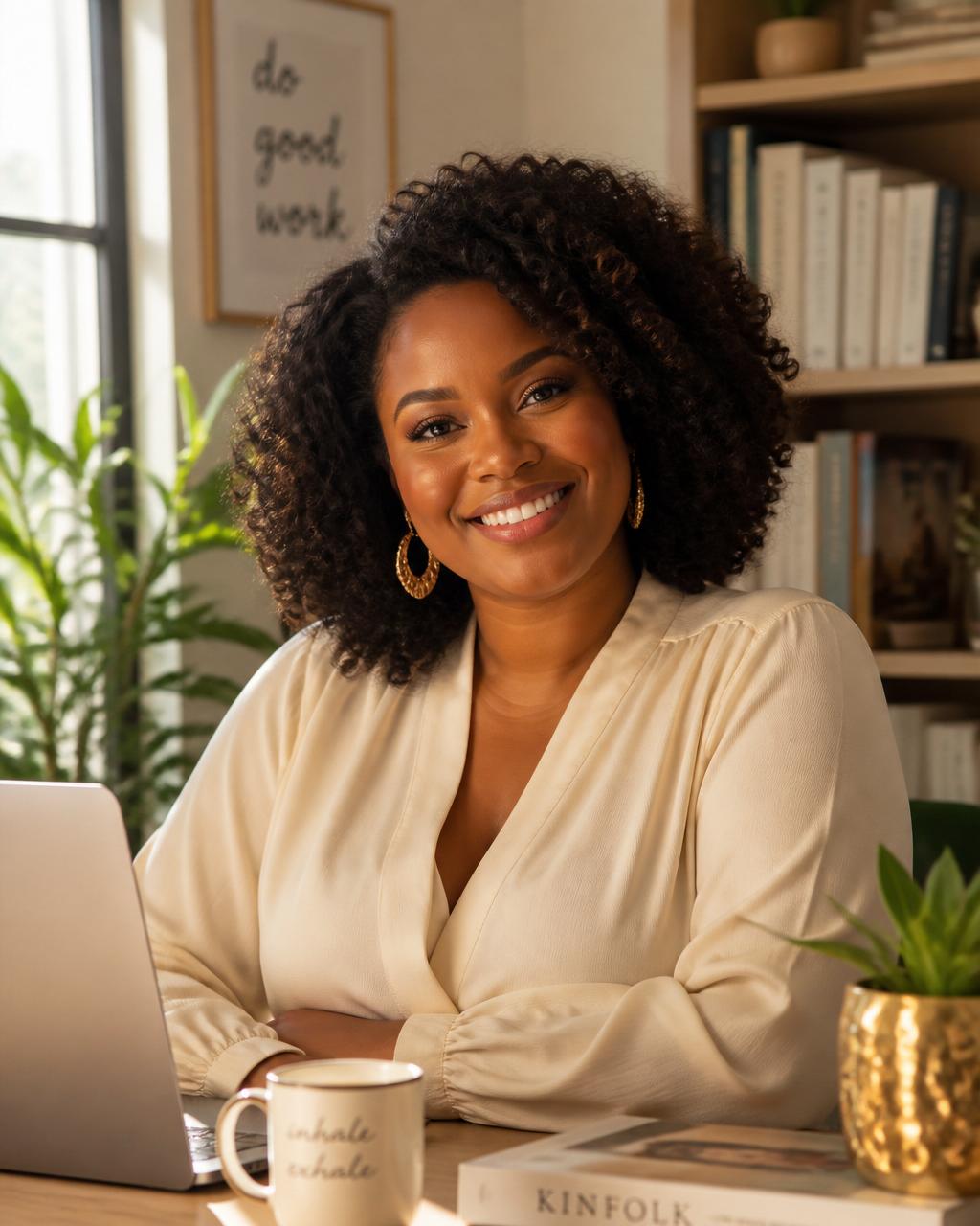 Mother smiling in a warm home office